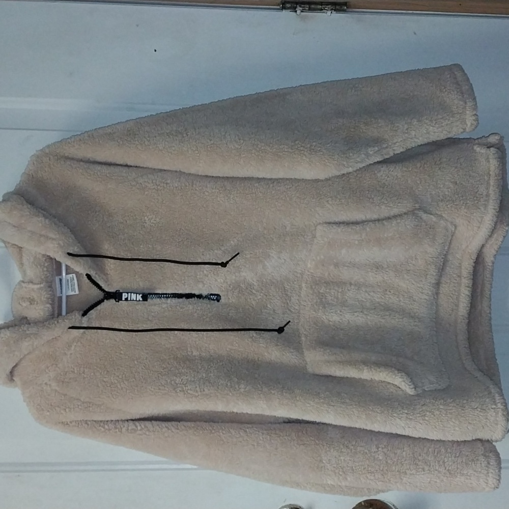 Pink VS Champagne Fleece Sherpa Teddy 1/2 Zip Pullover Hoodie Woman's  Large